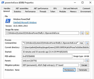 finestra del processo PowerShell con l'argomento impostato su uno script PS